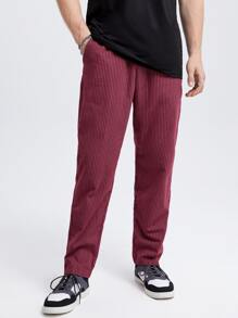Manfinity VCAY Hombres Pantalones de rayas de cintura con cordón con bolsillo oblicuo - Burdeos - Ver 4