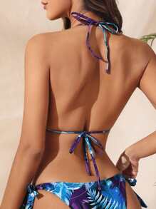 SHEIN Swim Summer Beach Tropical Print Halter Triangle Bikini Top - Multicolor - View 2