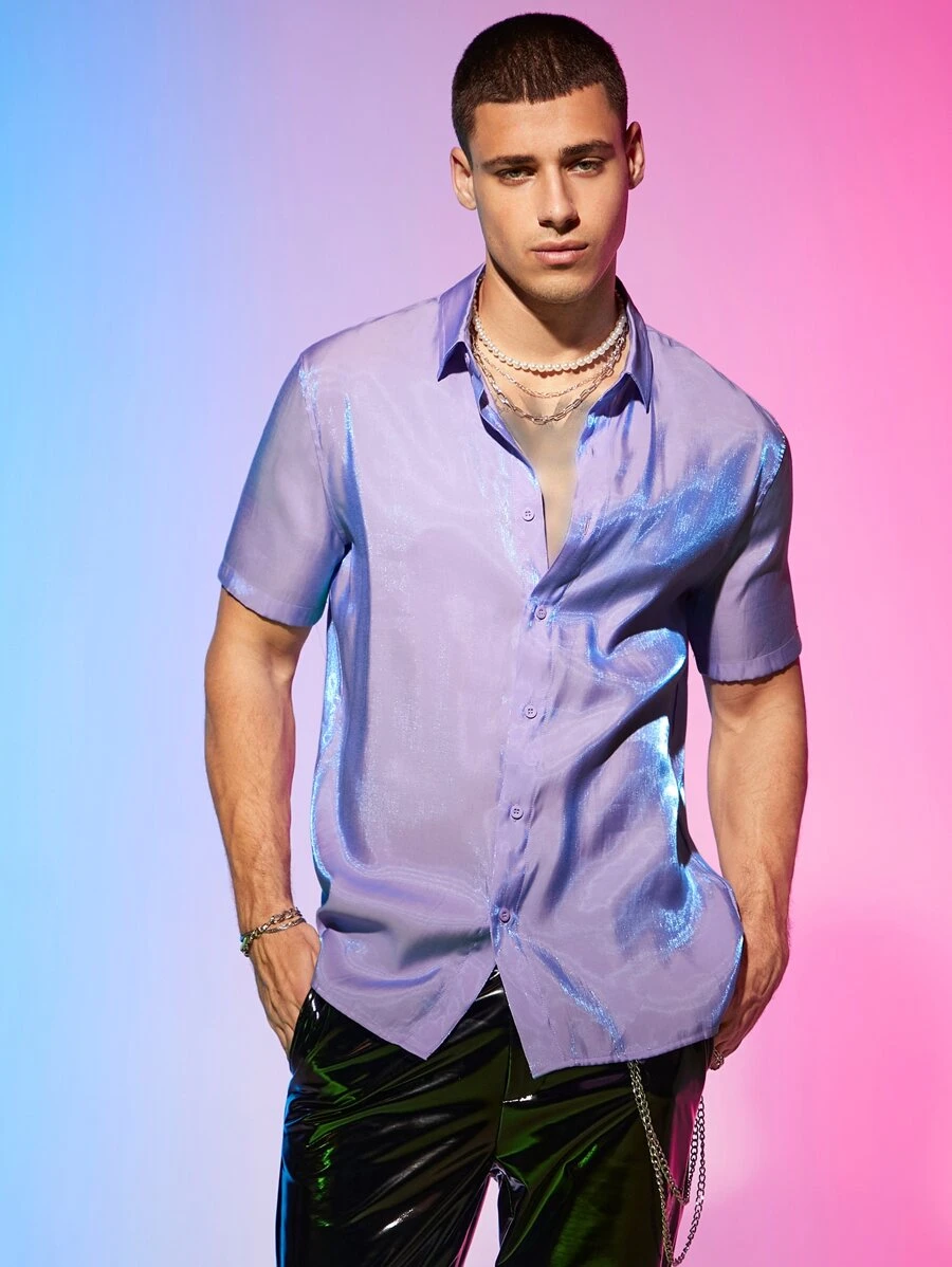 GENTILAND Áo sơ mi nam cài nút Holographic dáng rộng - Màu Lilac Tím - Xem 1