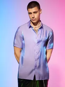 GENTILAND Áo sơ mi nam cài nút Holographic dáng rộng - Màu Lilac Tím - Xem 2