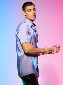 GENTILAND Áo sơ mi nam cài nút Holographic dáng rộng - Màu Lilac Tím - Xem 4