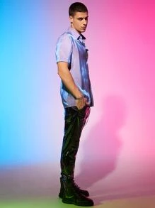 GENTILAND Áo sơ mi nam cài nút Holographic dáng rộng - Màu Lilac Tím - Xem 7