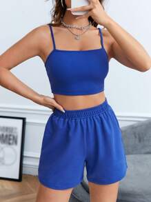 SHEIN EZwear 素色吊帶短上衣和短褲 - 寶藍色 - 查看 1
