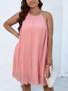 SHEIN Clasi 大碼素色褶皺繞頸吊帶連衣裙 - 粉色 - 查看 4