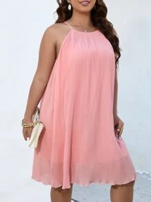 SHEIN Clasi 大碼素色褶皺繞頸吊帶連衣裙 - 粉色 - 查看 6