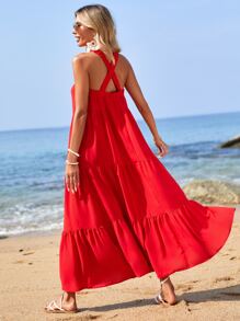 SHEIN VCAY 素色荷葉邊掛脖連衣裙 - 紅色 - 查看 1