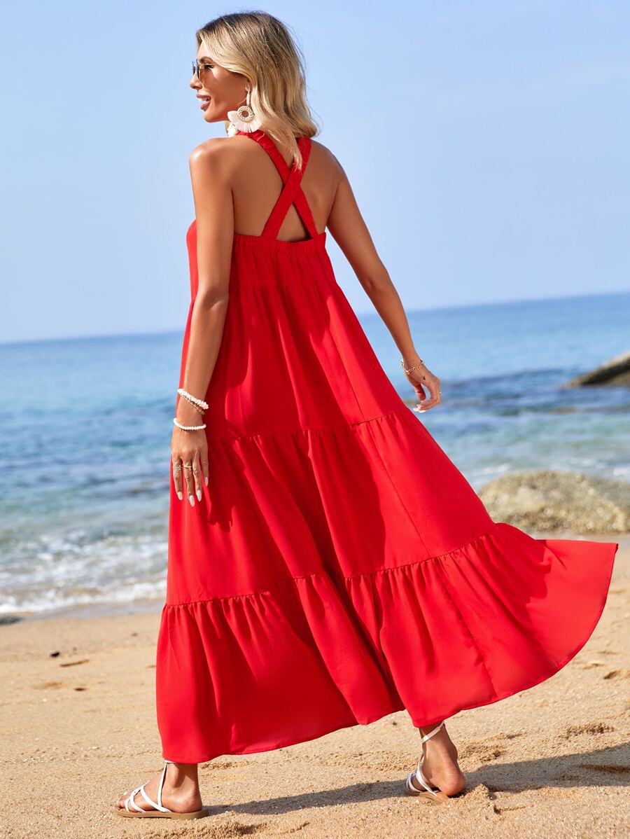 SHEIN VCAY 素色荷葉邊掛脖連衣裙 - 紅色 - 查看 1