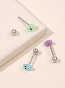 3pcs/set Glow In The Dark Alien Decor Tongue Barbell Ring Popular Piercing Body Jewelry Gift For Women & Men, Stainless Steel Jewelry - Multicolor - View 2