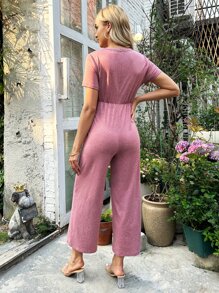 SHEIN Maternity Solid Belted Jumpsuit - Dusty Pink - View 2