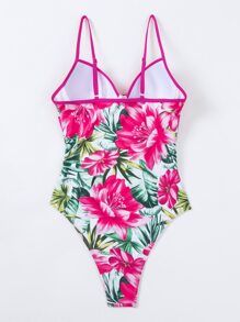 熱帶圖案扭結聚攏連身泳裝 - 彩色 - 查看 2