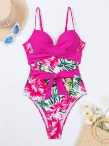 熱帶圖案扭結聚攏連身泳裝 - 彩色 - 查看 3