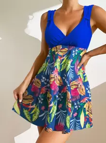Vestido de baño de verano con estampado tropical y plisado - Multicolor - Ver 1