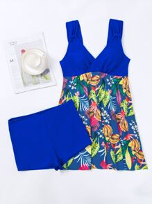 Vestido de baño de verano con estampado tropical y plisado - Multicolor - Ver 3