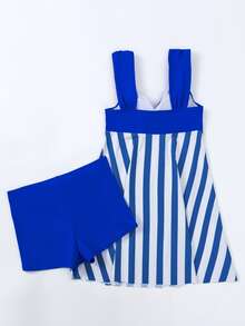 Striped Print Swim Dress Summer Beach - Blue - View 2