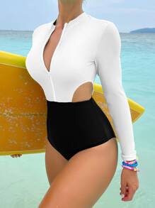 Swim SPRTY Two Tone Cut Out Waist Zip Front One Piece Swimsuit,Summer Beach - Black and White - View 1