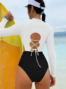 Swim SPRTY Two Tone Cut Out Waist Zip Front One Piece Swimsuit,Summer Beach - Black and White - View 2