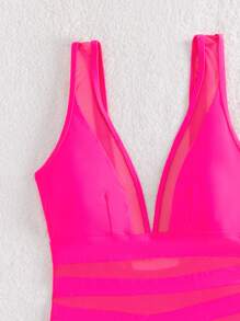 SHEIN Swim Contrast Mesh Plunging Neck One Piece Swimsuit,Summer Beach - Hot Pink - View 5