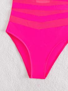 SHEIN Swim Contrast Mesh Plunging Neck One Piece Swimsuit,Summer Beach - Hot Pink - View 6