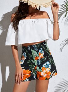SHEIN Tall 一字肩短款上衣和熱帶圖案短褲 - 彩色 - 查看 1