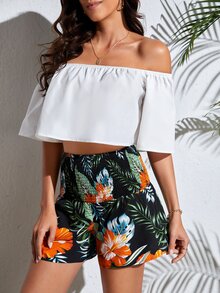 SHEIN Tall 一字肩短款上衣和熱帶圖案短褲 - 彩色 - 查看 3