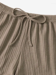 落肩华夫格针织上衣、吊带背心和短裤休闲套装，含T恤，舒适优雅的家居服，秋冬服装