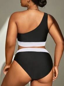 SHEIN Swim Curve 大尺碼拼色單肩比基尼套裝，夏季海灘必備 - 黑色 - 查看 2