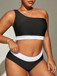 SHEIN Swim Curve 大尺碼拼色單肩比基尼套裝，夏季海灘必備 - 黑色 - 查看 4