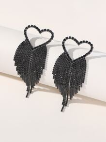 Rhinestone Heart & Tassel Drop Earrings - Black - View 1