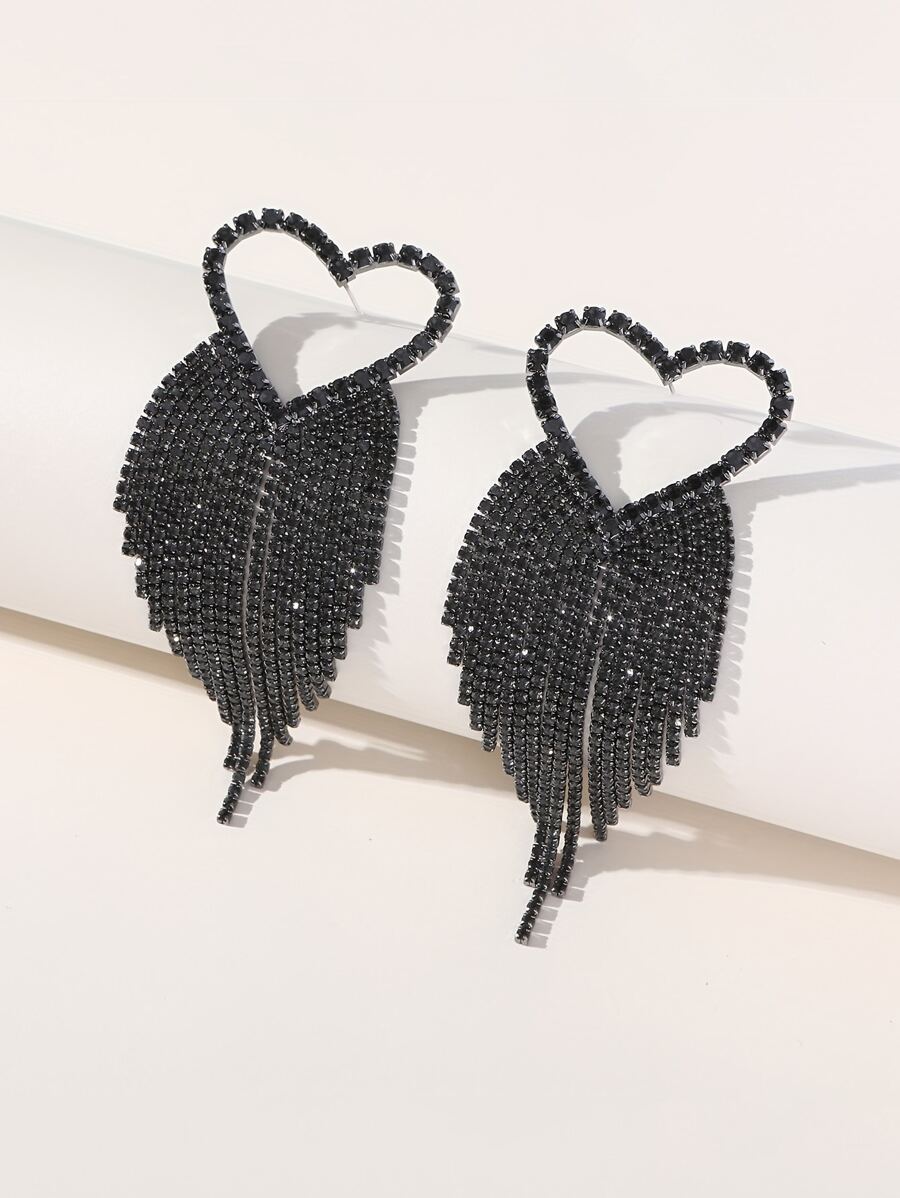 Rhinestone Heart & Tassel Drop Earrings - Black - View 1