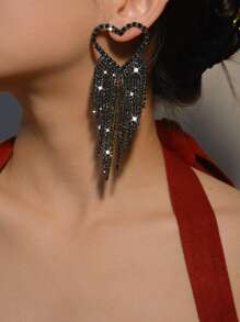 Rhinestone Heart & Tassel Drop Earrings - Black - View 2