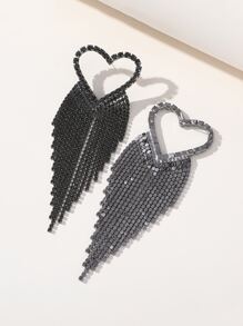 Rhinestone Heart & Tassel Drop Earrings - Black - View 4
