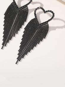 Rhinestone Heart & Tassel Drop Earrings - Black - View 5