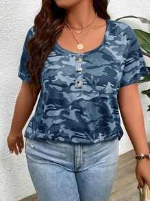 SHEIN LUNE Plus Camo Print Curved Hem Tee - Blue - View 6