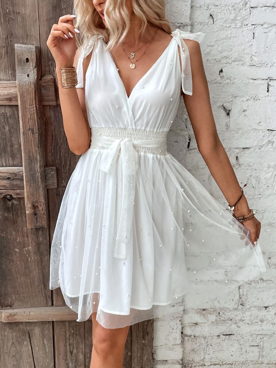 SHEIN VCAY Knot Shoulder Belted Mesh Overlay Dress - White - View 1