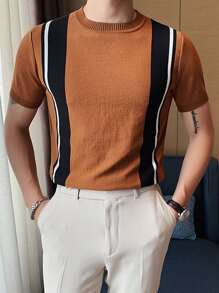 Hombres Top de punto con patrón de rayas - Marrón - Ver 3