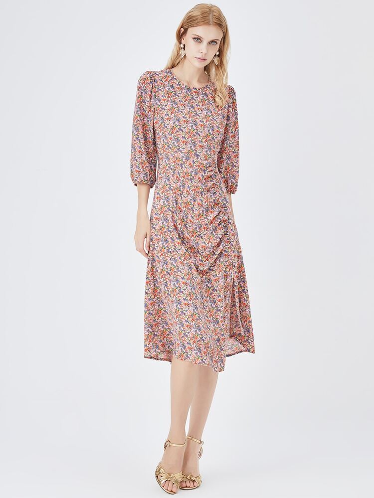 JAZZEVAR Ditsy Floral Print Split Thigh Dress - Red - View 6