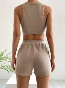 SHEIN EZwear Bộ đồ hai mảnh nữ Dây kéo Đắp vá Gân đan Lá thư Giải trí - Màu Khaki - Xem 3