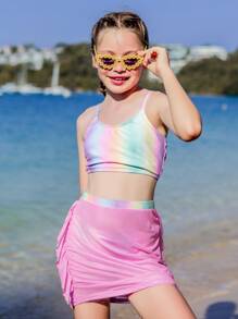 Conjunto de bikini degradado con falda de playa con volantes para niña preadolescente - Multicolor - Ver 5