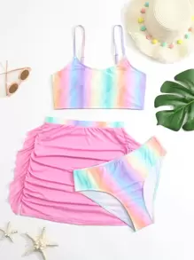 Conjunto de bikini degradado con falda de playa con volantes para niña preadolescente - Multicolor - Ver 1