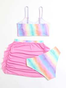 Conjunto de bikini degradado con falda de playa con volantes para niña preadolescente - Multicolor - Ver 2