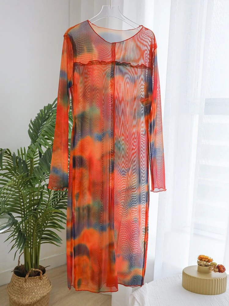 Dazy Designer Tie Dye Split Thigh Longline Top,Fall Clothes,Back To School Clothes Long Sleeve Women Tops - Orange - View 8