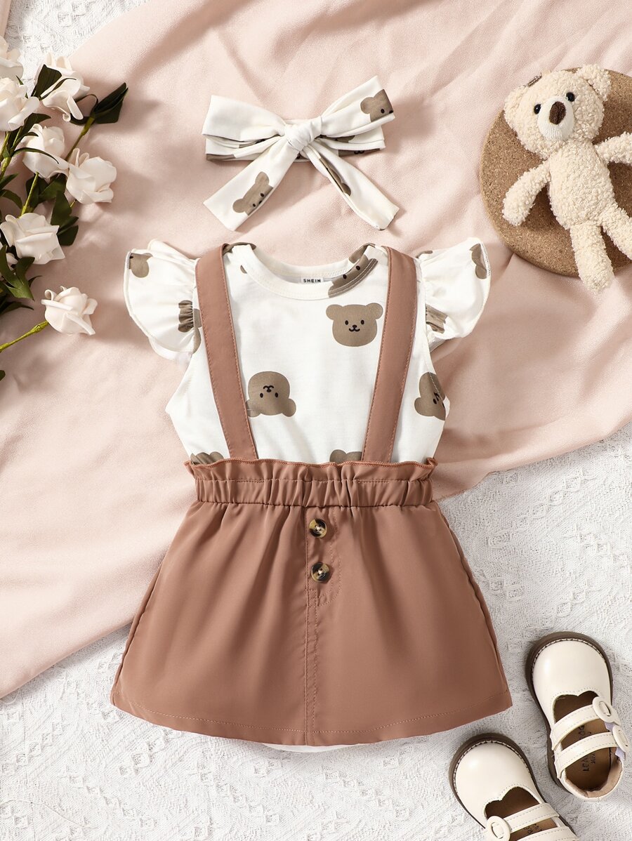 嬰兒小熊印花荷葉邊連體衣和紙袋腰背带半身裙和頭巾