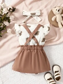 嬰兒小熊印花荷葉邊連體衣和紙袋腰背带半身裙和頭巾