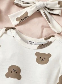 嬰兒小熊印花荷葉邊連體衣和紙袋腰背带半身裙和頭巾