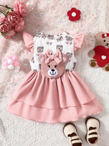 Baby Cartoon Bear Ruffle Trim Layer Hem Dress - Pink - View 1