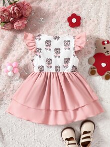 Baby Cartoon Bear Ruffle Trim Layer Hem Dress - Pink - View 2