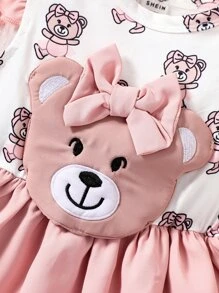 Baby Cartoon Bear Ruffle Trim Layer Hem Dress - Pink - View 3