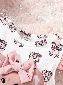 Baby Cartoon Bear Ruffle Trim Layer Hem Dress - Pink - View 4
