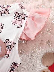 Baby Cartoon Bear Ruffle Trim Layer Hem Dress - Pink - View 5