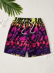SHEIN Tween Boy Allover Print Drawstring Waist Swim Shorts - Multicolor - View 1